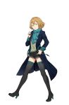  1girl aqua_scarf belt black_footwear black_legwear black_shorts blue_eyes boots frown full_body hair_between_eyes hand_on_hip hand_up high_heel_boots high_heels highres jacket looking_at_viewer official_art pantyhose princess_principal princess_principal_game_of_mission short_hair shorts solo standing thigh-highs thigh_boots transparent_background zelda_(princess_principal) 