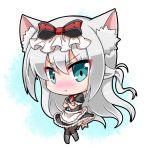  1girl :t animal_ears apron azur_lane bangs black_dress black_legwear blue_eyes blush boots bow cat_ears chibi closed_mouth commentary_request crossed_arms dress eyebrows_visible_through_hair frilled_apron frills full_body grey_footwear hair_between_eyes hair_bow hammann_(azur_lane) long_hair looking_at_viewer noai_nioshi nose_blush pout puffy_short_sleeves puffy_sleeves red_bow short_sleeves silver_hair solo striped striped_bow thigh-highs v-shaped_eyebrows very_long_hair waist_apron white_apron 