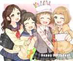  4girls ayase_honoka bag bangs black_hair blunt_bangs blush bow brown_eyes brown_hair cake_hat cardigan cellphone choko_omochi closed_eyes commentary_request dated eyebrows_visible_through_hair frilled_square_(idolmaster) hair_bun happy_birthday highres holding holding_phone idolmaster idolmaster_cinderella_girls idolmaster_cinderella_girls_starlight_stage kitami_yuzu kudou_shinobu long_hair momoi_azuki multiple_girls neckerchief one_eye_closed open_mouth phone pina_korata plaid plaid_skirt pleated_skirt reaching_out sash school_bag school_uniform self_shot serafuku short_hair shoulder_bag sidelocks skirt smartphone smile taking_picture tearing_up twitter_username v 