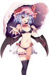  1girl bare_shoulders bat_wings bikini black_bikini black_legwear black_wings blue_hair bow breasts detached_collar fang hat hat_ribbon highres holding holding_umbrella looking_at_viewer maturiuta_sorato mob_cap navel outstretched_arm pink_hat red_bow red_eyes remilia_scarlet ribbon simple_background small_breasts solo standing stomach swimsuit thigh-highs touhou umbrella white_background wings wrist_cuffs 