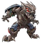  1boy beni_(nikaidera) claws decepticon dreadbot full_body glowing glowing_eyes highres looking_at_another no_humans open_mouth red_eyes sharp_teeth simple_background solo teeth transformers white_background 