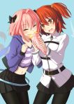  1boy 1girl astolfo_(fate) bangs belt belt_buckle black_legwear black_skirt blue_background blush buckle closed_eyes collared_shirt commentary_request eating eyebrows_visible_through_hair fate/grand_order fate_(series) food food_on_face fujimaru_ritsuka_(female) hair_ornament hair_scrunchie holding holding_food jacket long_hair long_sleeves miniskirt multicolored_hair nu_(plastic_eraser) open_clothes open_jacket open_mouth orange_hair pantyhose pink_hair pleated_skirt purple_jacket purple_shirt scrunchie shiny shiny_hair shirt side_ponytail simple_background skirt smile standing streaked_hair striped striped_shirt trap very_long_hair white_hair white_shirt yellow_eyes 