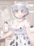  1girl animal_ears animal_print bangs bare_shoulders blue_eyes bottle breasts cleavage cow_ears cow_girl cow_horns cow_print cow_tail dress grey_hair hare_(tetterutei) highres horns looking_at_viewer medium_breasts milk milk_bottle original parted_lips short_hair smile solo standing tail white_dress 