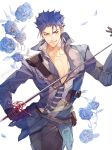  1boy blue_flower blue_hair blue_rose cu_chulainn_(fate/grand_order) earrings fate/grand_order fate/stay_night fate_(series) flower highres holding holding_sword holding_weapon jewelry lancer looking_at_viewer male_focus petals rapier red_eyes rensuke_(pixiv) rose smile solo sword unbuttoned unbuttoned_shirt weapon 
