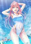  1girl 3boys :d adjusting_hair aqua_eyes armpits arms_up beach blue_sky breasts cleavage clouds cloudy_sky collarbone covered_navel darling_in_the_franxx groin half-closed_eyes highleg highleg_swimsuit highres horns long_hair medium_breasts multiple_boys ocean open_mouth outdoors pink_hair ponytail sideboob sky smile swimsuit teeth water wet white_swimsuit yudoufu_(unify) zero_two_(darling_in_the_franxx) 