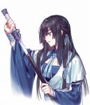  1girl blue_eyes cleavage_cutout closed_mouth eyebrows_visible_through_hair from_side hand_up holding holding_sword holding_weapon japanese_clothes kangetsu_(fhalei) katana long_hair long_sleeves original scabbard sheath simple_background solo sword unsheathing upper_body weapon white_background wide_sleeves 