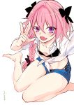  1boy :3 :d arms_up astolfo_(fate) bangs bare_legs barefoot bikini bikini_under_clothes black_bikini black_bow blush bow braid collarbone collared_shirt commentary_request crop_top denim denim_shorts eyebrows_visible_through_hair fang fate/apocrypha fate_(series) flat_chest from_above hair_between_eyes hair_bow hair_intakes hair_over_shoulder long_hair long_sleeves looking_at_viewer looking_up male_focus navel open_clothes open_mouth open_shirt open_shorts pink_hair raised_eyebrows see-through self_shot shirai shirt short_shorts shorts side-tie_bikini simple_background single_braid sitting sleeves_rolled_up smile solo stomach string_bikini swimsuit thighs tied_shirt translation_request trap unbuttoned unbuttoned_shirt violet_eyes w white_background white_shirt wing_collar 
