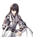  1boy black_hair bracer closed_mouth elbows_on_knees eyebrows_visible_through_hair grey_eyes kangetsu_(fhalei) long_hair long_sleeves male_focus original simple_background sitting solo vest white_background 