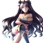  1girl armlet asymmetrical_sleeves bangs bare_shoulders bikini black_hair breasts choker collarbone crossed_arms earrings eyebrows_visible_through_hair fate/grand_order fate_(series) feet_out_of_frame grumpy hair_ornament hair_ribbon highres hoop_earrings ishtar_(fate/grand_order) jewelry legs_crossed long_hair looking_at_viewer mashiro_(sora1031) open_mouth red_eyes ribbon simple_background single_thighhigh solo thigh-highs tohsaka_rin very_long_hair white_background 