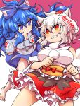  2girls :&lt; animal_ears arms_behind_back barefoot blue_bow blue_eyes blue_hair blue_skirt bow breasts clenched_hands clenched_teeth commentary_request cowboy_shot debt detached_sleeves eye_contact frilled_skirt frills grey_hair grey_jacket hair_bow hat inubashiri_momiji jacket large_breasts long_hair looking_at_another multicolored multicolored_clothes multicolored_skirt multiple_girls orange_eyes pom_pom_(clothes) red_bow sash shirt short_hair skirt surigoma teeth thigh_gap tokin_hat touhou turtleneck twitter_username white_shirt wolf_ears yorigami_shion 