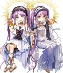  2girls :d arm_behind_head bangs bare_arms bare_shoulders barefoot_sandals bonnet bow bracelet choker dress euryale eyebrows_visible_through_hair fate/grand_order fate/hollow_ataraxia fate_(series) flat_chest full_body hairband halo jewelry lolita_hairband long_hair looking_at_viewer manarou multiple_girls necklace open_mouth parted_bangs purple_hair sandals see-through siblings simple_background sisters sitting sleeveless sleeveless_dress smile stheno twins twintails very_long_hair violet_eyes white_background white_dress 