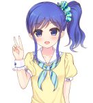  1girl :d aikatsu! bangs blue_eyes blue_hair blush collarbone commentary_request eyebrows_visible_through_hair fingernails hair_ornament hair_scrunchie hand_up kiriya_aoi long_hair looking_at_viewer makiaato multicolored multicolored_clothes multicolored_neckwear multicolored_scrunchie neckerchief open_mouth puffy_short_sleeves puffy_sleeves sailor_collar sailor_shirt scrunchie shirt short_sleeves side_ponytail sidelocks smile solo striped_neckwear upper_body v white_sailor_collar wrist_cuffs yellow_shirt 