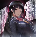  ... 1girl bangs black_blazer black_eyes black_hair blazer bow bowtie braid breasts collared_shirt commentary_request eyebrows_visible_through_hair hair_ornament hairclip highres jacket kunka_kunka leaning_back long_hair looking_at_viewer looking_to_the_side medium_breasts nijisanji nishiide_kengorou pink_neckwear shirt sidelocks solo spoken_ellipsis translation_request tsukino_mito very_long_hair virtual_youtuber white_shirt 