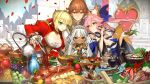  1boy 3girls ahoge altera_(fate) animal_ears banquette bare_shoulders blonde_hair blush breasts bridal_veil brown_eyes brown_hair cleavage dark_skin detached_sleeves dress epaulettes fate/extella fate/extra fate_(series) food fox_ears fox_tail green_eyes hair_intakes halterneck highres japanese_clothes kishinami_hakuno_(male) large_breasts lock multiple_girls nero_claudius_(fate) nero_claudius_(fate)_(all) official_art padlock petals pink_hair red_dress red_eyes tail tamamo_(fate)_(all) tamamo_no_mae_(fate) veil wada_aruko white_hair yellow_eyes 