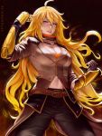  1girl ahoge artist_name belt blonde_hair breasts cleavage clenched_hand fire gauntlets highres jacket long_hair mirco_cabbia navel pants prosthesis prosthetic_arm rwby signature solo violet_eyes yang_xiao_long zipper 