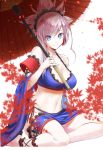  1girl blue_eyes earrings fate/grand_order fate_(series) highres jewelry leaves_in_wind looking_at_viewer midriff mitsugu miyamoto_musashi_(fate/grand_order) navel parasol smile thigh_strap umbrella 