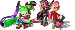  2boys 2girls dark_skin frown head_scarf headphones inkling looking_at_another multiple_boys multiple_girls nintendo official_art pointy_ears sitting smile splatoon splatoon_2 takozonesu tan tentacle_hair weapon 