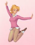  1girl arm_up blonde_hair blue_eyes breasts brown_footwear brown_pants collared_shirt commission dress_shirt grin legs_up long_sleeves looking_at_viewer medium_breasts original outstretched_arms outstretched_hand pants partially_unbuttoned pink_background pink_shirt ponytail shirt short_hair short_ponytail signature simple_background smile socks solo umigraphics white_legwear wing_collar 