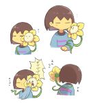  ... =_= androgynous blue_sweater brown_hair eye_poke flower flowey_(undertale) frisk_(undertale) from_behind long_sleeves multiple_views poking sasa_kichi short_hair simple_background sweater undertale upper_body white_background yellow_skin 