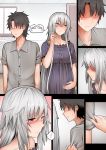  ... 1boy 1girl apologizing black_hair blush brown_eyes comic commentary dress eyebrows_visible_through_hair eyes_visible_through_hair faceless faceless_male fate/grand_order fate_(series) fujimaru_ritsuka_(male) ginhaha grey_shirt hand_on_own_stomach jeanne_d&#039;arc_(alter)_(fate) jeanne_d&#039;arc_(fate)_(all) long_hair pregnant shirt silent_comic silver_hair sleeve_tug spoken_ellipsis very_long_hair 