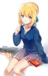  1girl ahoge alternate_costume artoria_pendragon_(all) bag blonde_hair blue_eyes blush commentary_request eating fate/stay_night fate_(series) food highres kamiowl long_sleeves pocky saber school_bag school_uniform simple_background sitting solo 