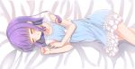  1girl :o aikatsu! bangs bare_arms bed_sheet blush bow closed_eyes collarbone commentary_request eyebrows_visible_through_hair feet_out_of_frame fingernails frills highres hikami_sumire long_hair lying makiaato nightgown on_side parted_lips purple_hair sleeping sleeveless solo white_bow 