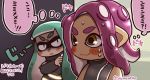  2girls :&lt; :3 against_wall agent_8 aqua_hair commentary dark_skin inkling looking_at_another multiple_girls pink_hair same_anko serious splatoon splatoon_2 squidbeak_splatoon sweat takozonesu tentacle_hair thought_bubble translation_request upper_body 