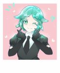  androgynous elbow_gloves gem_uniform_(houseki_no_kuni) gloves green_eyes green_hair hair_flaps heart heart-shaped_gem houseki_no_kuni laura19960605 looking_at_viewer necktie one_eye_closed phosphophyllite pink_background pointing pointing_at_self puffy_short_sleeves puffy_sleeves shirt short_hair short_sleeves smile sparkle 