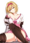  1girl armor ass bare_shoulders blonde_hair boots bow breasts brown_eyes brown_footwear cleavage collarbone commentary_request djeeta_(granblue_fantasy) dress empty_eyes eyebrows_visible_through_hair frilled_dress frills granblue_fantasy hairband head_tilt highres large_breasts looking_to_the_side off_shoulder panties pantyshot pantyshot_(sitting) parted_lips pink_bow pink_hairband piro_(iiiiiiiiii) short_hair simple_background sitting solo thigh-highs thigh_boots torn_clothes torn_dress underwear white_background 