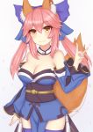  1girl absurdres animal_ears blue_legwear breasts cleavage collarbone detached_sleeves fate/extra fate/grand_order fate_(series) fox_ears fox_shadow_puppet fox_tail highres japanese_clothes large_breasts light_smile looking_at_viewer petals pink_hair rachione simple_background solo tail tamamo_(fate)_(all) tamamo_no_mae_(fate) thigh-highs white_background yellow_eyes 