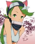  1girl alternate_costume alternate_hairstyle animal_ears bare_shoulders blush breasts cat_ears cleavage fang forehead_protector gradient gradient_background green_eyes green_hair headband kemonomimi_mode long_hair looking_at_viewer low_ponytail mallow_(pokemon) medium_breasts mouth_hold ninchan pokemon pokemon_(game) pokemon_sm scroll shuriken_hair_ornament smile solo tank_top tareme translation_request upper_body 