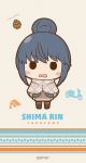  1girl arms_at_sides artist_name beige_background black_eyes black_legwear blush_stickers boots brown_footwear character_name chibi copyright_name daisensei english ground_vehicle hair_bun highres looking_at_viewer motor_vehicle open_mouth pinecone scooter shawl shima_rin short_hair solo standing tent yurucamp 