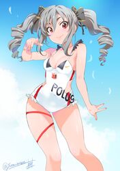  1girl :d arm_up blue_sky bow breasts cleavage day drill_hair fingernails grey_hair hair_between_eyes hair_bow highres idolmaster idolmaster_cinderella_girls inoue_sora kanzaki_ranko long_hair medium_breasts nail_polish one-piece_swimsuit open_mouth outstretched_hand red_eyes ribbon sidelocks skindentation sky smile solo swimsuit thigh_ribbon thighs twin_drills twitter_username 