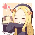  1girl :&gt; ^_^ abigail_williams_(fate/grand_order) blonde_hair blush bow closed_eyes fate/grand_order fate_(series) food hair_bow heart long_hair long_sleeves ominaeshi_(takenoko) outline pancake ribbon sleeves_past_fingers smile white_background white_outline 