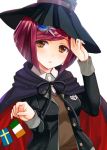  1girl brown_eyes cape dangan_ronpa hair_ornament hairclip hand_on_headwear hat hijiri_ruka irish_flag looking_at_viewer new_dangan_ronpa_v3 redhead school_uniform short_hair swedish_flag witch_hat yumeno_himiko 