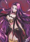  1girl 2017 absurdly_long_hair armor bikini_armor black_armor breasts closed_mouth dated eyebrows facing_away fate/grand_order fate_(series) floating_hair gorgon_(fate) hair_intakes large_breasts long_hair looking_at_viewer medu_(rubish) midriff navel purple_hair red_pupils rider scales showgirl_skirt solo stomach straight_hair very_long_hair violet_eyes 