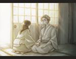  1boy 1girl crying door eye_contact floor graphite_(medium) indoors long_hair long_sleeves looking_at_another looking_away machi_(ch1ja) mechanical_pencil original parted_lips pencil seiza short_hair sitting traditional_media 