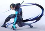  1boy arm_blade batman_(series) black_hair blue_bodysuit bodysuit boots closed_mouth full_body gradient gradient_background highres holding holding_weapon kotatsu_(g-rough) legs_apart male_focus mask muscle nightwing pose serious solo squatting weapon 