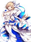  1girl :d bangs bare_shoulders blonde_hair blue_choker blush braid breasts brown_eyes choker collarbone crown_braid detached_collar detached_sleeves djeeta_(granblue_fantasy) dress elysian_(granblue_fantasy) eyebrows_visible_through_hair gloves granblue_fantasy hair_ornament hand_on_own_chest highres homaderi jewelry long_dress looking_at_viewer medium_breasts open_mouth outstretched_arm petals ring short_hair simple_background single_glove smile solo sparkle standing white_background white_dress white_gloves 
