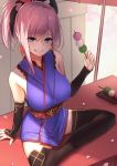  1girl bare_shoulders black_legwear blue_kimono borushichi breasts cherry_blossoms dango detached_sleeves eyebrows_visible_through_hair fate/grand_order fate_(series) food grin highres holding holding_food japanese_clothes kimono large_breasts miyamoto_musashi_(fate/grand_order) no_shoes obi petals pink_hair ponytail red_sash sanshoku_dango sash short_hair short_kimono sleeveless sleeveless_kimono smile solo thigh-highs umbrella wagashi zettai_ryouiki 