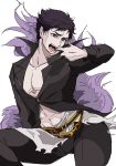  1boy belial_(granblue_fantasy) black_belt black_hair black_pants black_shirt contrapposto fangs feather_boa granblue_fantasy kyuu_(ost) long_sleeves looking_at_viewer male_focus pants pectorals popped_collar red_eyes shirt simple_background sitting solo white_background 