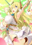 1girl armpits ass azur_lane blonde_hair blue_eyes blue_flower blue_rose breasts chains cleavage clouds commentary_request cowboy_shot dress eyebrows_visible_through_hair floating_hair flower from_below green_sky hands_up holding holding_staff jewelry kibii_mocha large_breasts laurel_crown long_hair looking_up open_mouth outstretched_arms panties petals ribbon rose rose_petals side-tie_panties sleeveless sleeveless_dress solo staff teeth underbust underwear veil very_long_hair victorious_(azur_lane) wrist_ribbon 