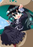  1girl :d arms_up bangs black_bow black_dress blush bow commentary_request dress eyebrows_visible_through_hair frilled_bow frills gothic_lolita green_eyes green_hair hair_between_eyes head_tilt lolita_fashion long_sleeves looking_at_viewer magatama open_mouth osaragi_mitama oshiro_project oshiro_project_re red_footwear shoes sitting smile solo yoshinogari_(oshiro_project) 