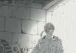  1boy ceiling collarbone graphite_(medium) indoors jacket long_hair long_sleeves looking_away looking_back machi_(ch1ja) male_focus mechanical_pencil monochrome original pencil ponytail rain serious shirt solo traditional_media wall water wet 