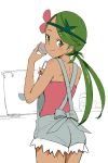  1girl bangs bare_arms bare_shoulders blush bow bowl closed_mouth cowboy_shot cutoffs eyebrows_visible_through_hair flower green_eyes green_hair grey_bow hair_flower hair_ornament headband holding holding_bowl jar ladle long_hair looking_at_viewer looking_back low_twintails mallow_(pokemon) ninchan overalls partially_colored pink_shirt pokemon pokemon_(game) pokemon_sm poz shirt simple_background smile solo standing swept_bangs tareme twintails white_background 