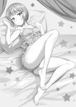  1girl bangs barefoot bed_sheet blush breasts camisole closed_mouth commentary_request curtains cutlass_(girls_und_panzer) eyebrows_visible_through_hair feet frown full_body girls_und_panzer highres ikomochi lace lace-trimmed_shirt legs looking_at_viewer lying medium_breasts on_back on_bed pajamas pillow shirt short_hair shorts solo star strap_slip 