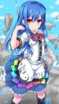  1girl blue_hair boots bow bowtie clouds commentary_request cowboy_shot debris dress eyebrows_visible_through_hair frilled_dress frills hand_up hat hat_removed headwear_removed hinanawi_tenshi long_hair orange_eyes red_neckwear rock short_sleeves sky solo touhou uumaru 