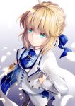  1girl ahoge artoria_pendragon_(all) bangs blonde_hair blue_ribbon blush buttons closed_mouth commentary_request est eyebrows_visible_through_hair fate/grand_order fate_(series) green_eyes hair_ribbon hane_yuki highres jewelry lapel lapel_pin long_hair looking_at_viewer multicolored multicolored_clothes pendant ribbon saber solo vest white_background 