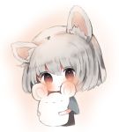  1girl animal_ears bangs black_shirt blue_capelet blush capelet closed_mouth cottontailtokki hair_between_eyes head_tilt looking_at_viewer mouse_ears nazrin object_hug shirt short_hair silver_hair smile solo stuffed_animal stuffed_mouse stuffed_toy touhou upper_body 