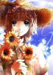  blue_eyes brown_hair flower hat nagata_ozu original short_hair sunflower 
